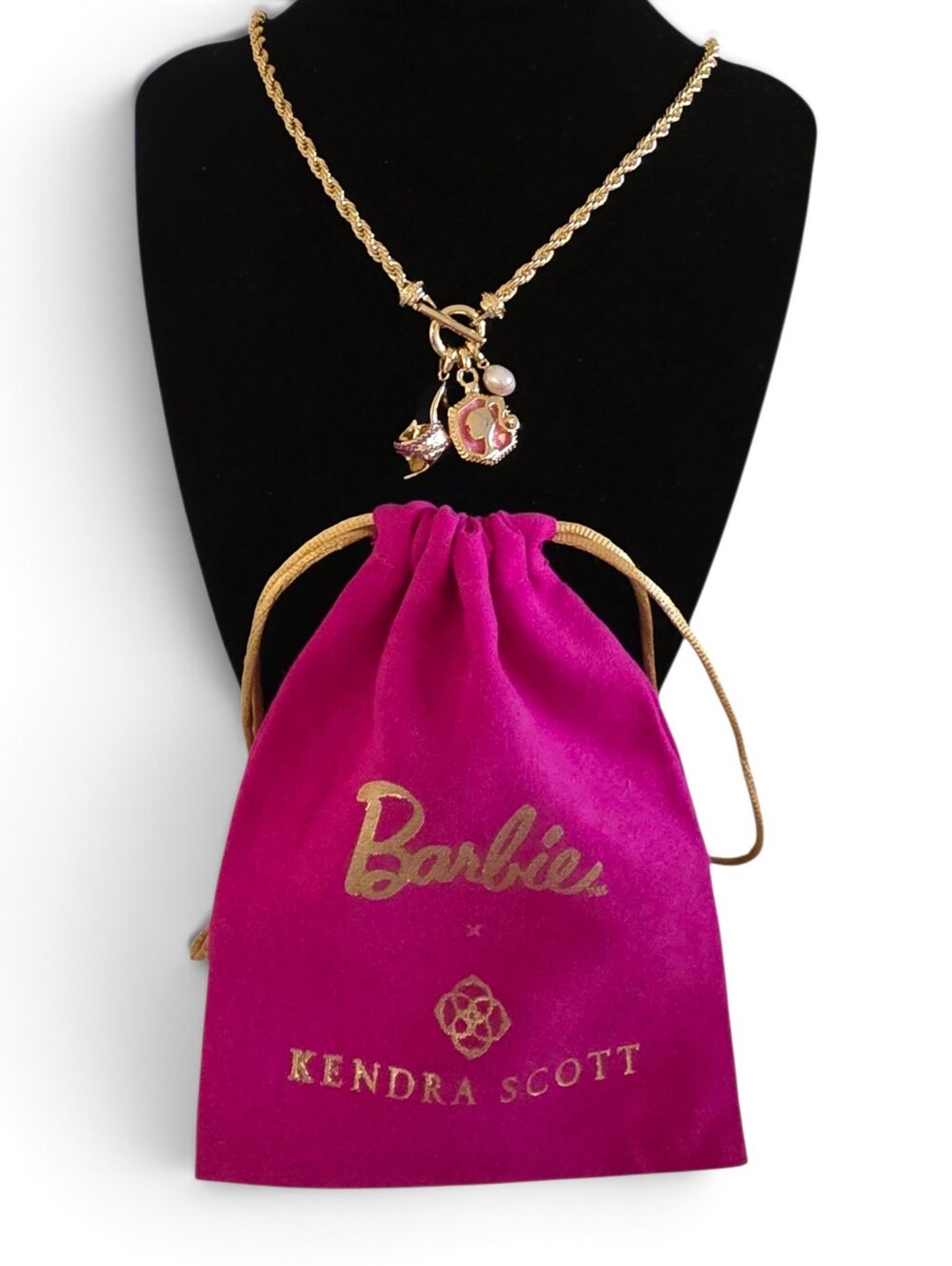 NEW Barbie X Kendra Scott Pearl Gold Charm Convertible Necklace Pink Glitter NWT